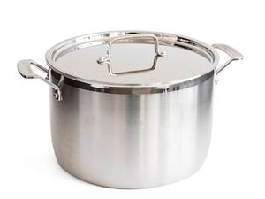 a stainless steel stockpot with a lid.