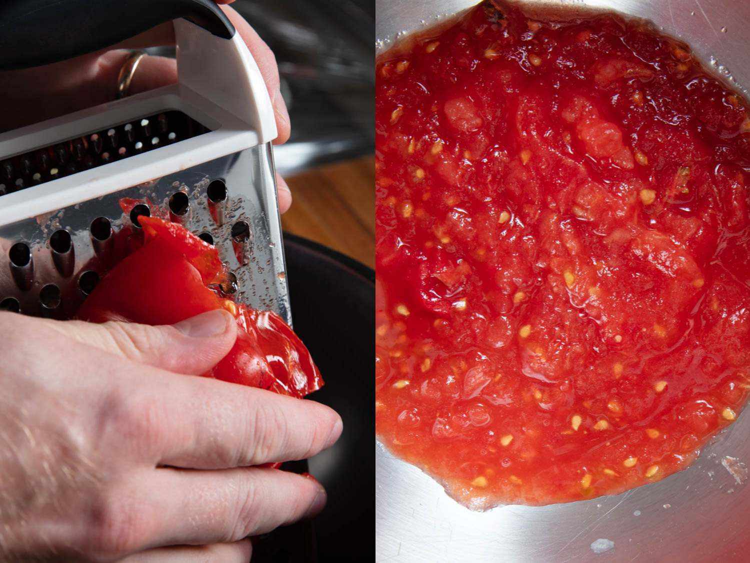 用盒子磨碎器磨碎新鲜番茄的拼贴照片。