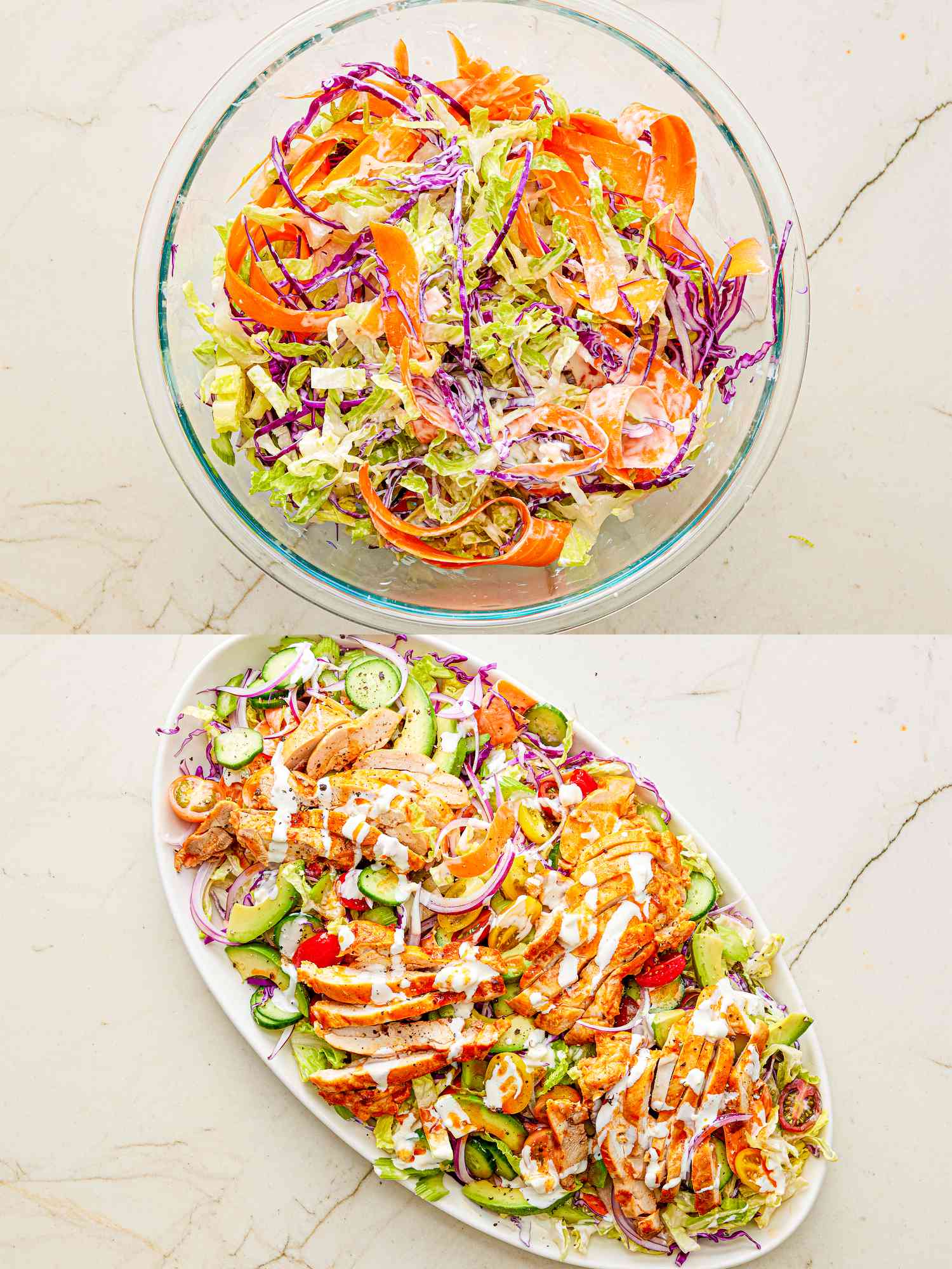 Two image collage of assembling the salad