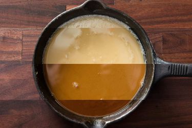 A spliced together overhead photo, showing roux cooked to different levels of browness, from pale blonde, to golden, do dark brown.