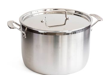 a stainless steel stockpot with a lid.