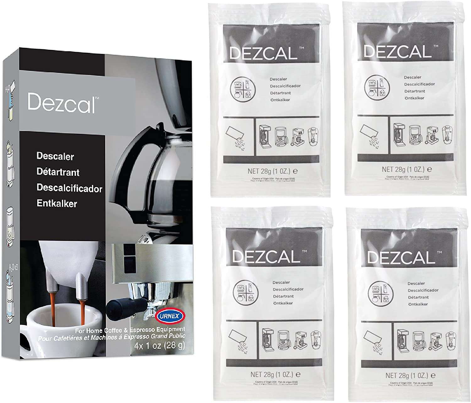 A box of Dezcal beside four packets of descaler