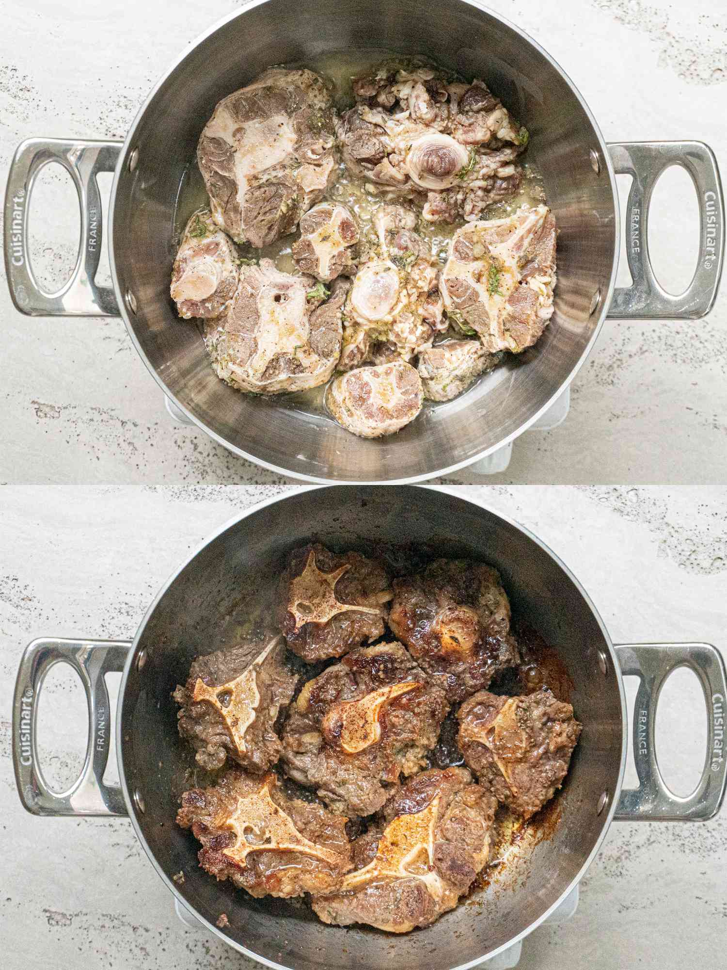 Two image collage of oxtail browning in pot