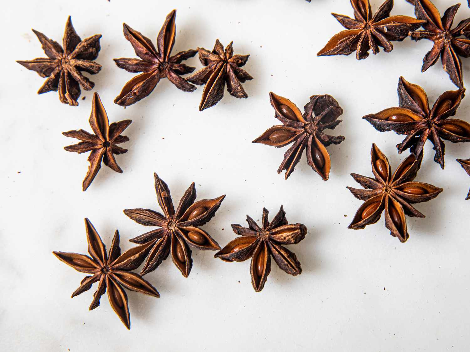 Overhead view of scattered star anise pods