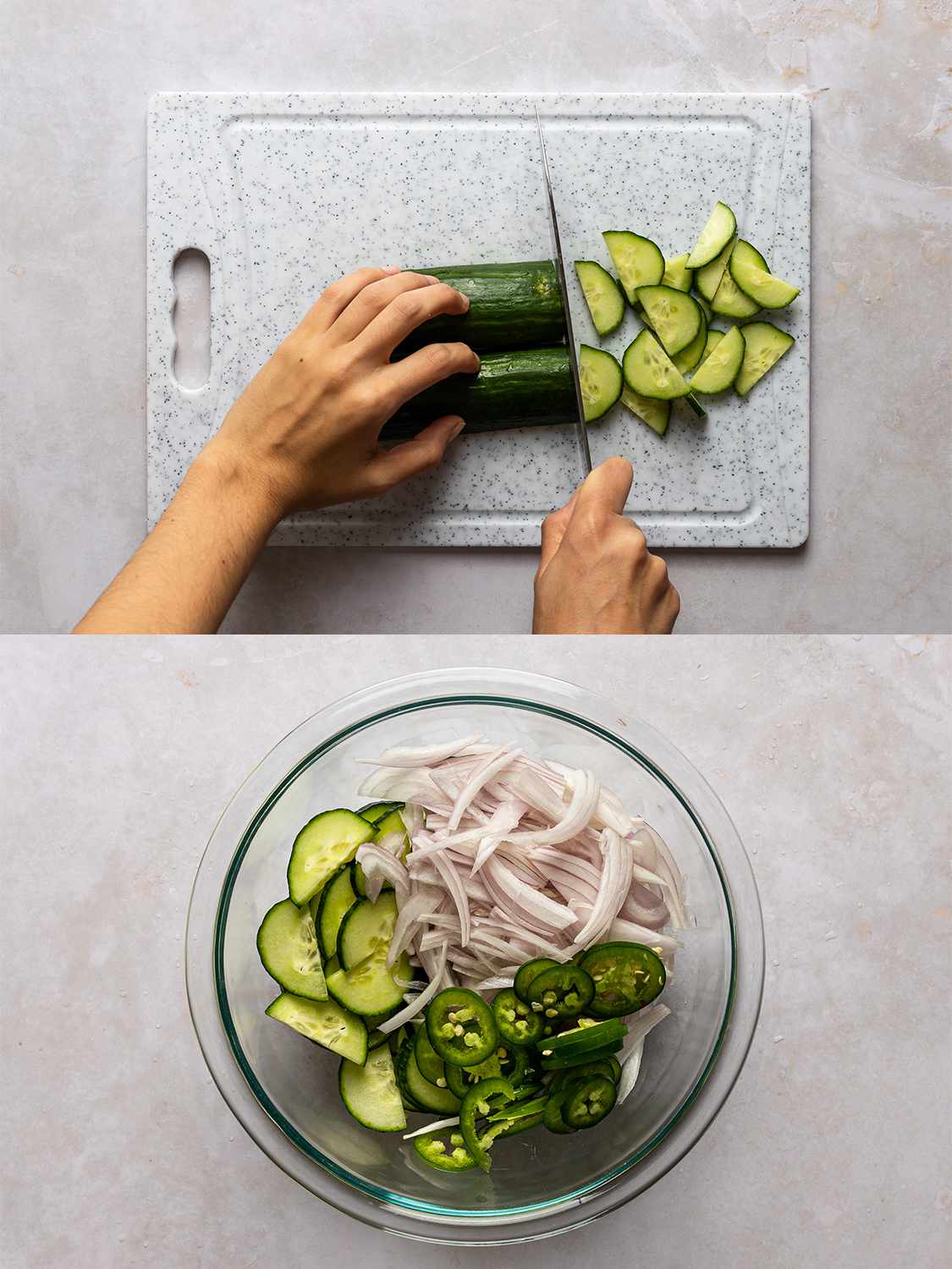 A vertical two-image collage. The top image shows a cucumber, split in half lengthwise with both halves placed horizontally, side-by-side, on a plastic cutting board. A hand holding a knife is cutting the cucumber into half-moon slices. The bottom image shows a glass mixing bowl holding the sliced cucumber as well as sliced shallots and sliced jalapeÃ±os.
