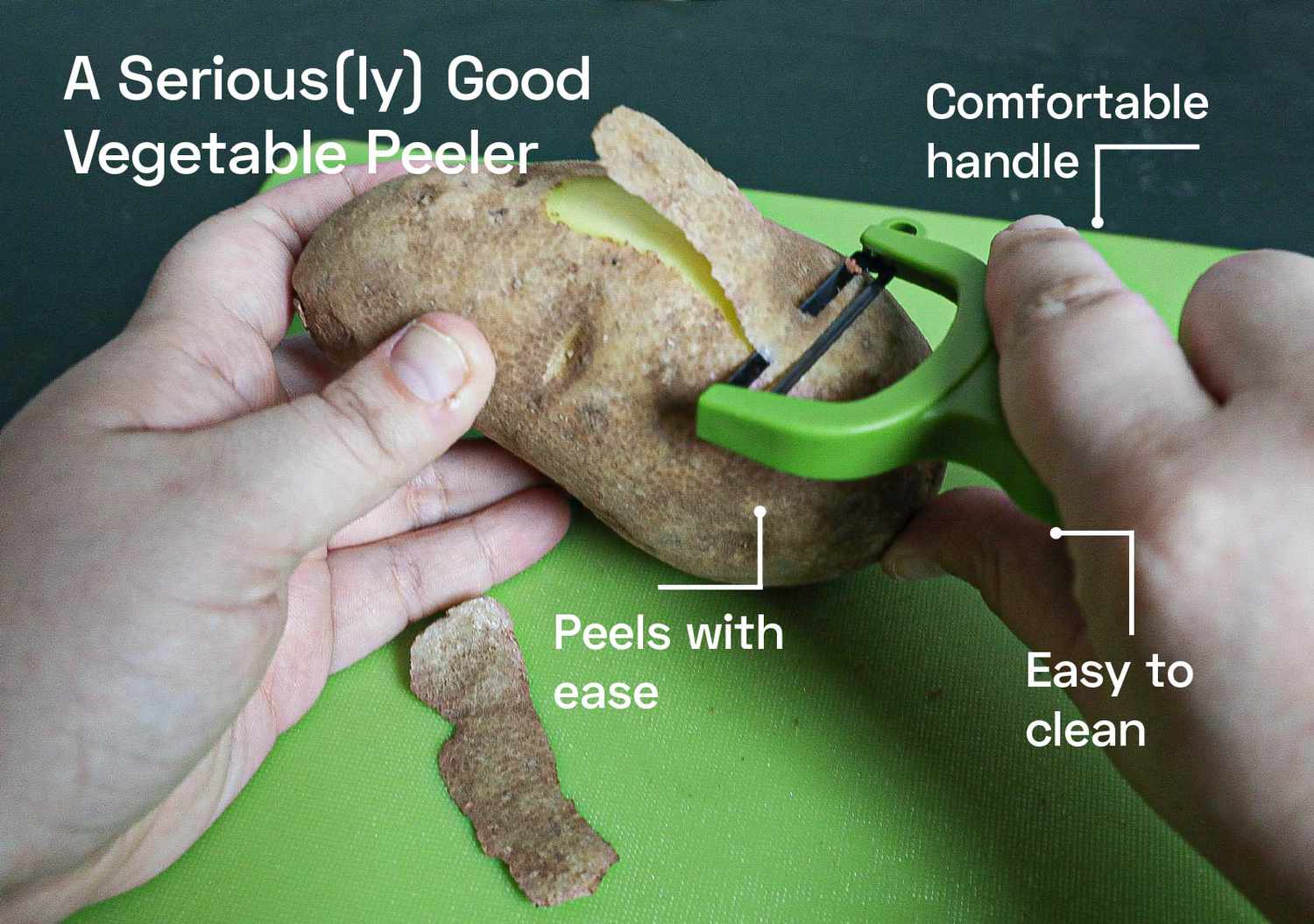 Two hands using a green y-peeler to peel a potato