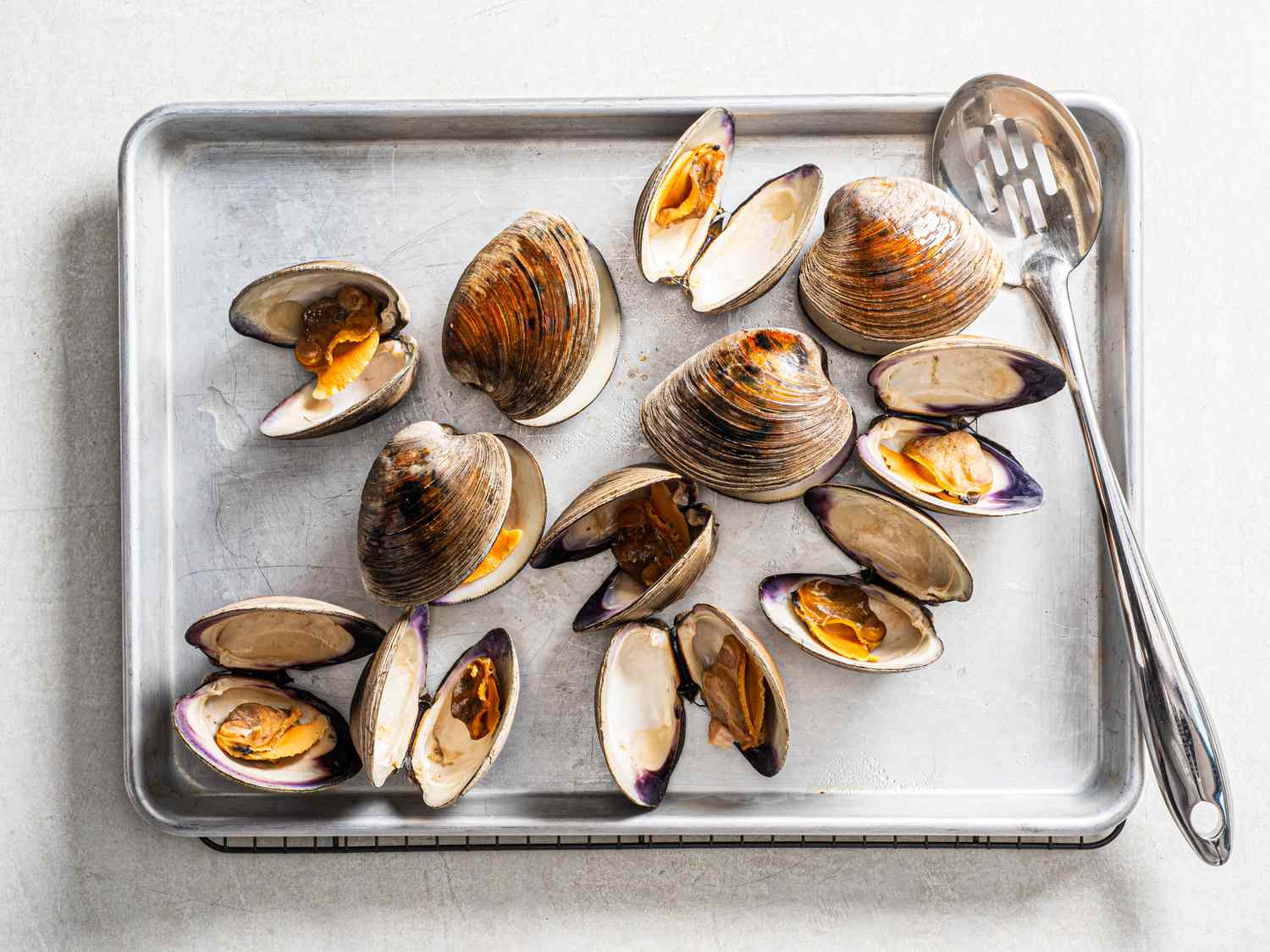 Overhead view of steamed open clams on a baking sheet