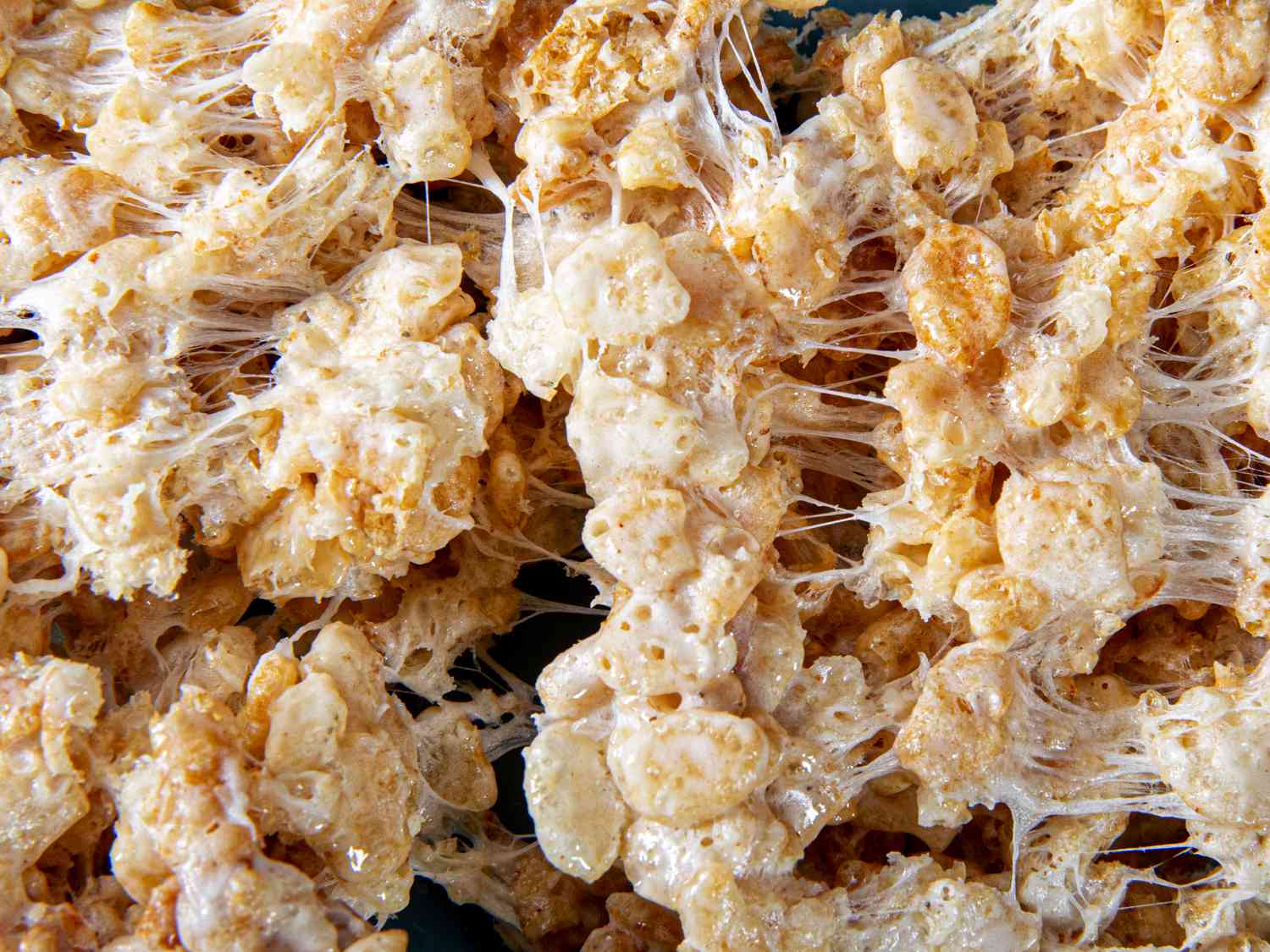 Close up view of rice krispie treat pulled apart