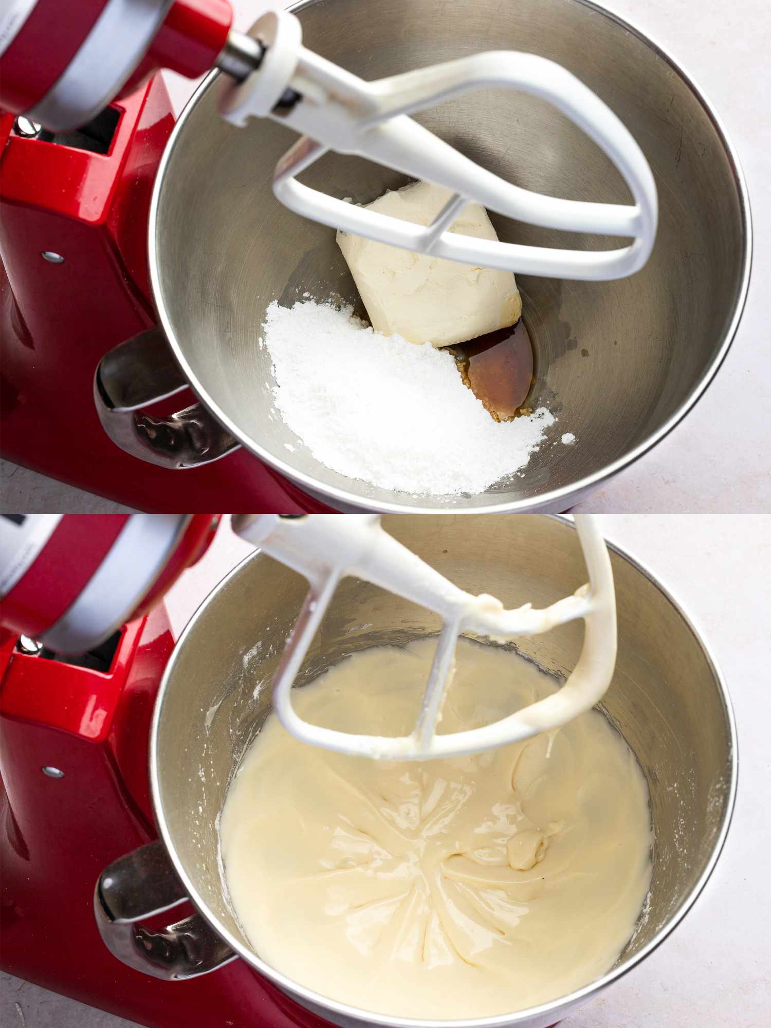 Cream cheese, vanilla, and half of powdered sugar inside stand mixer bowl