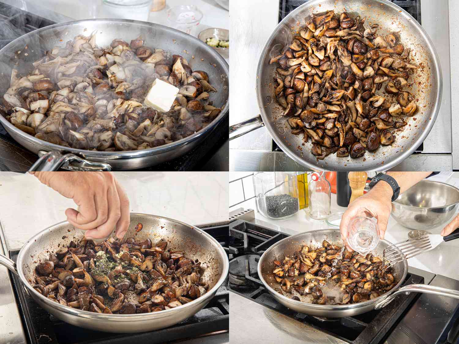 Four image collage of adding butte, mushrooms browning in pan, adding seasoning and deglazing