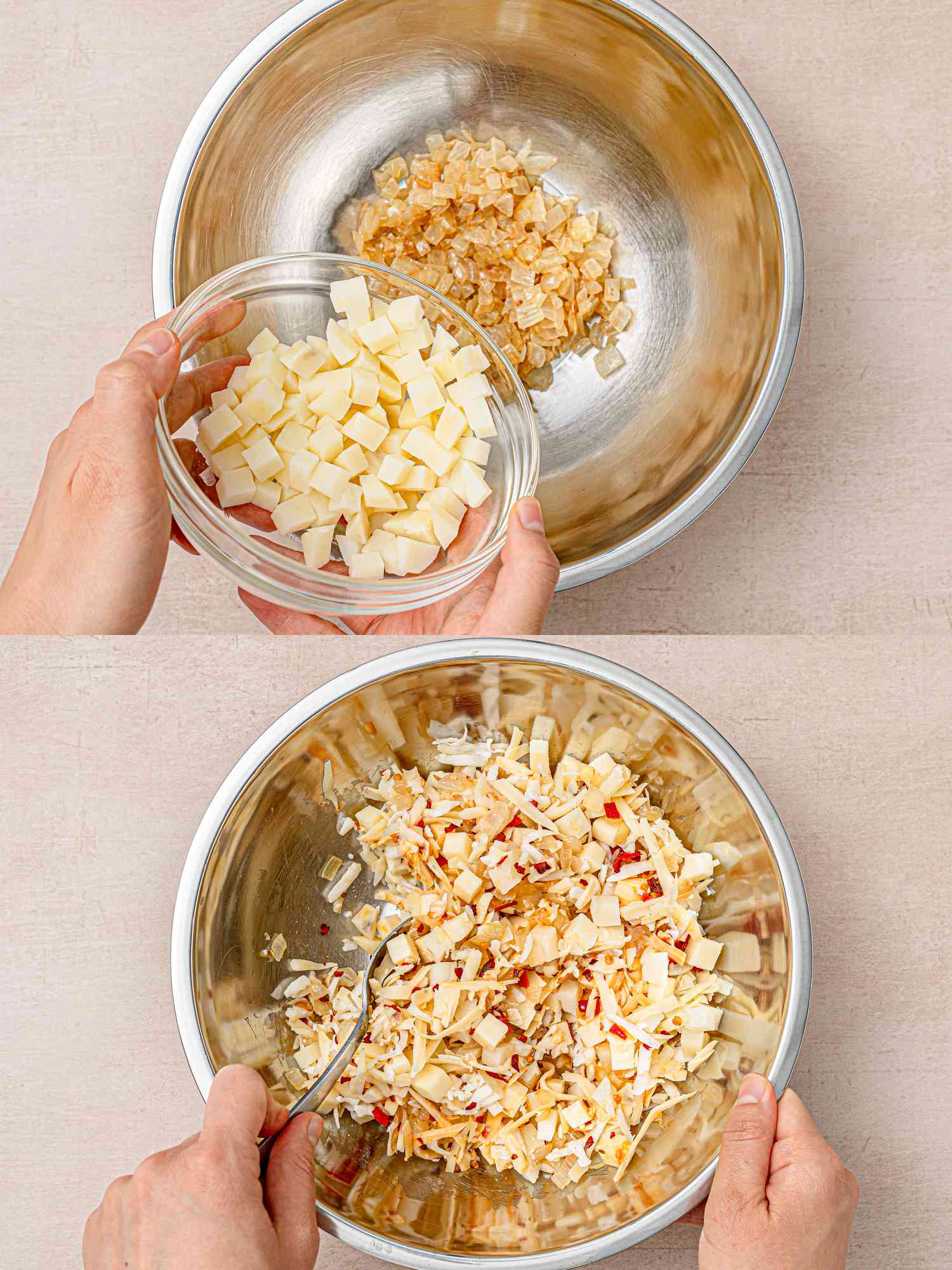 Two image collage of adding potatoes to onions and mixing with cheeses