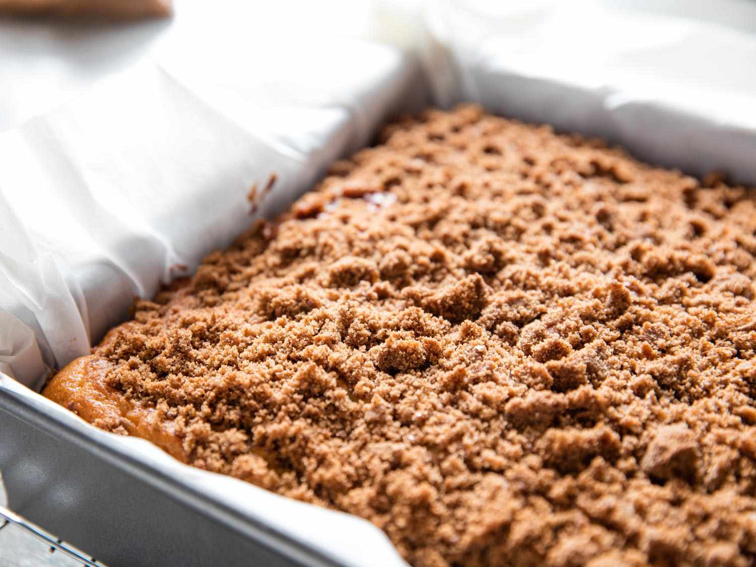 Baked coffee cake cooling in the pan.