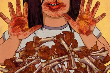 Illustration of a pile of gnawed-on chicken wings in front of a child's messy hands and face