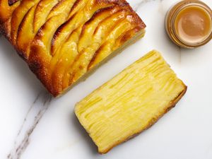 A slice of finely-layered apple custard cake known as Gâteau invisible aux pommes