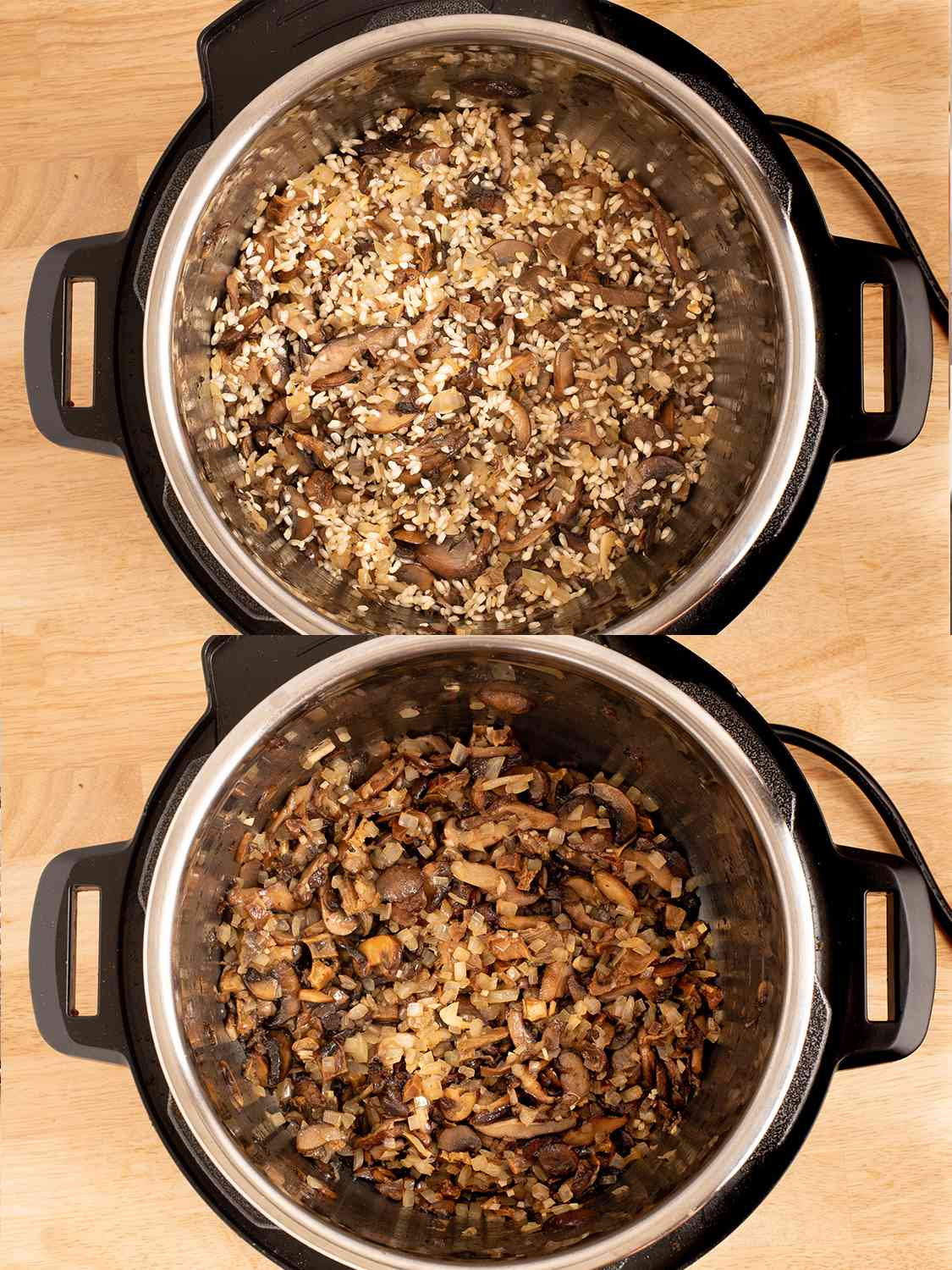 两幅拼贴画显示了米饭和sautÃ©d洋葱之后的高压锅。