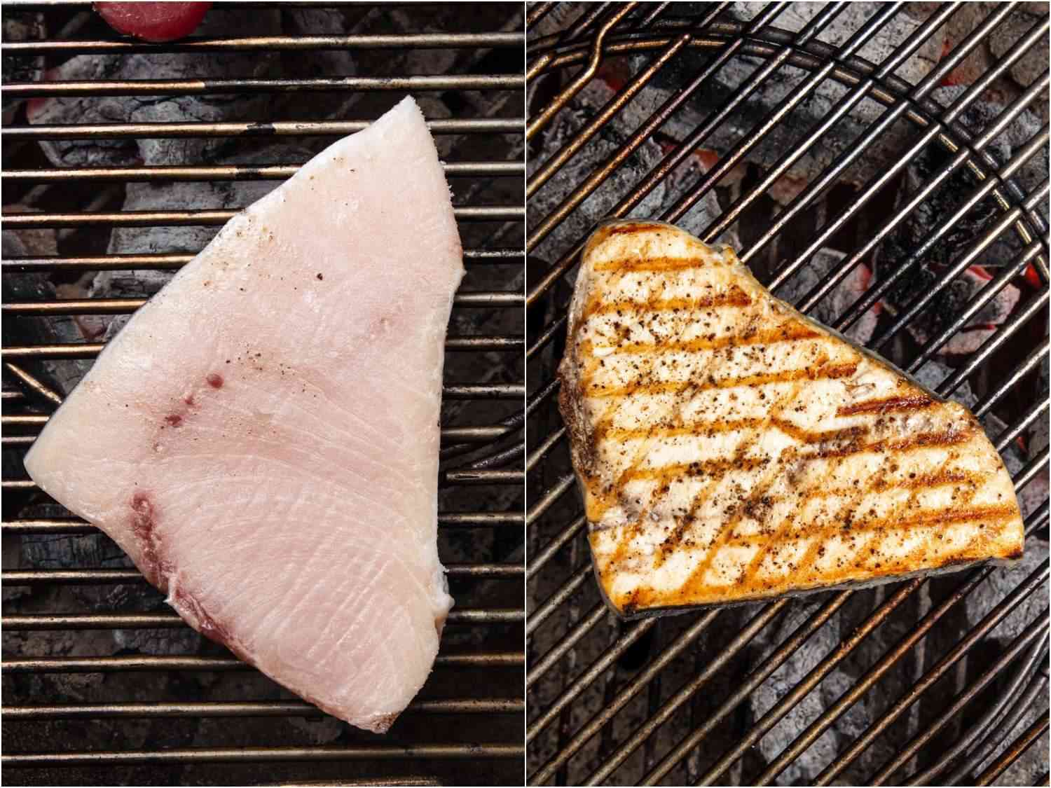 两张并排的图片，一张显示的是刚上烤架的生剑鱼牛排，另一张显示的是牛排仍在烤架上，但几乎完全熟了，有漂亮的烧烤线