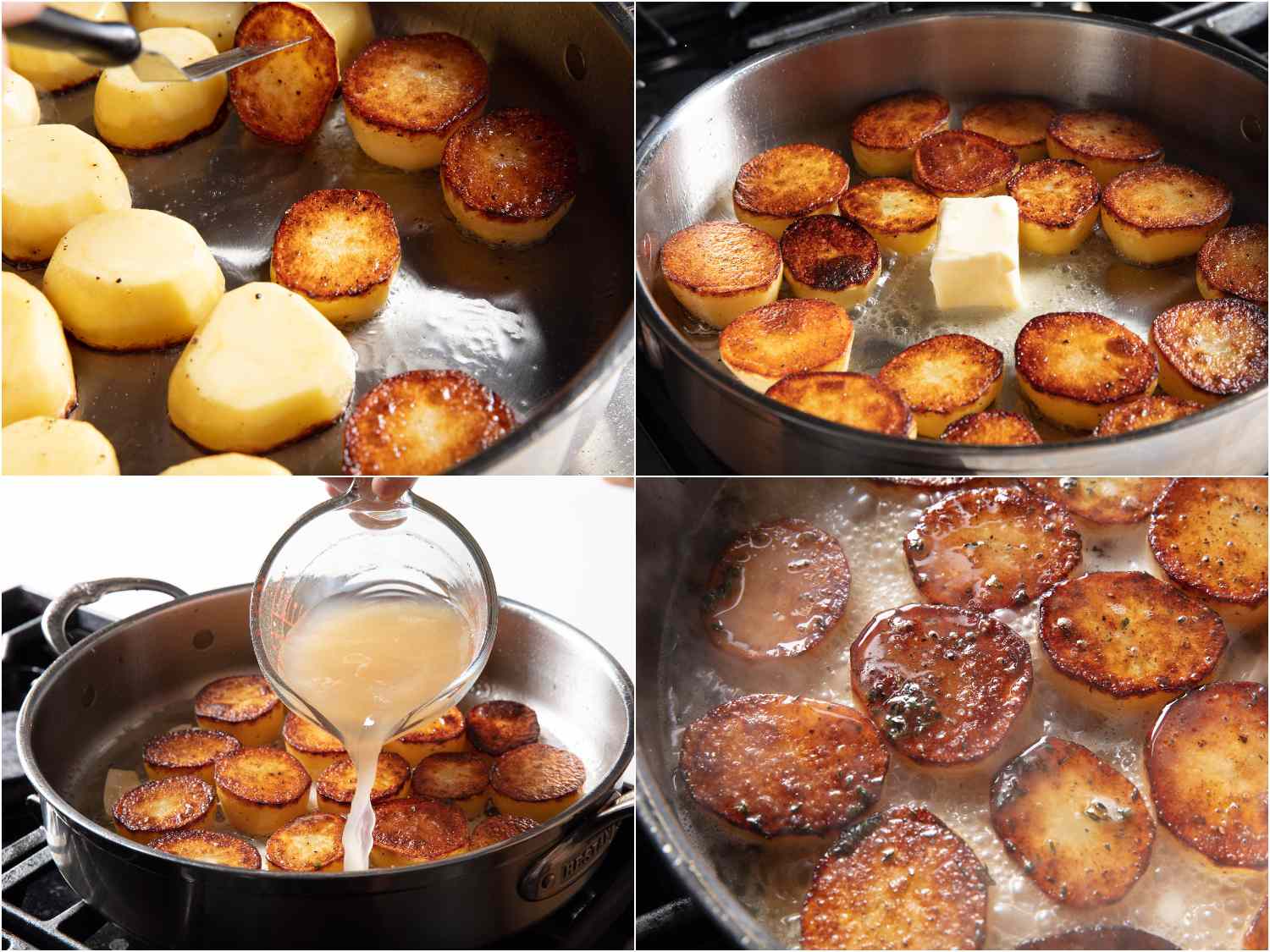 在平底锅中翻动土豆，加入黄油，香料和鸡汤。