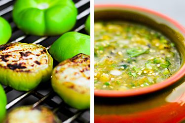 Tomatillos on the grill, and a bowl of grilled tomatillo salsa.