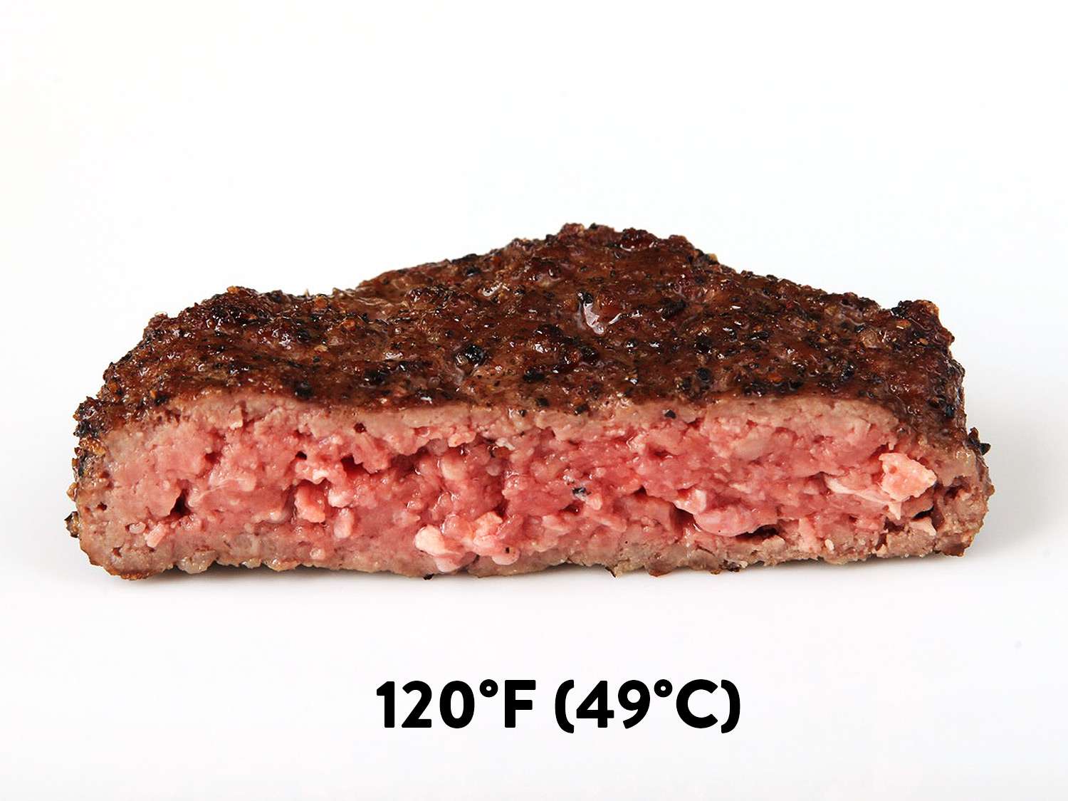 一种真空烹调的汉堡，煮到120华氏度(半熟)，切成两半露出鲜红的中心。gydF4y2Ba