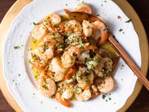 a plate of Shrimp Scampi With Garlic, Red Pepper Flakes, and Herbs