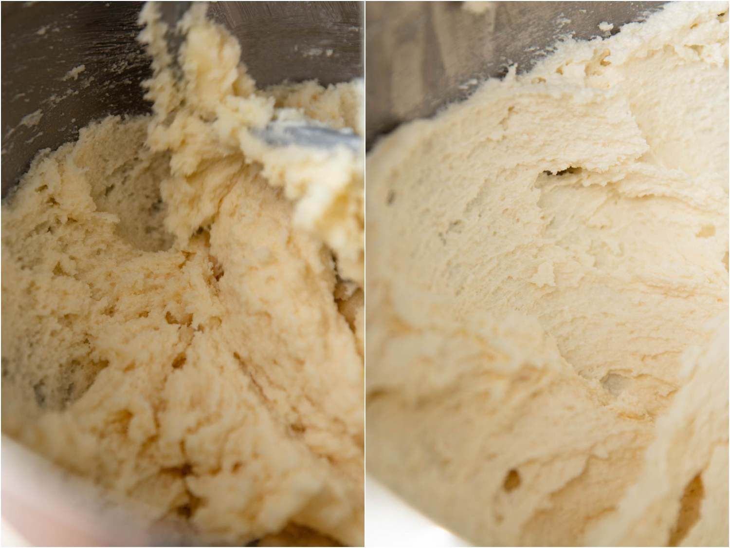 奶油搅拌前后杏仁蛋糕的黄油-糖混合物，从颗粒状，深色，密集到光滑，轻，蓬松，蓬松