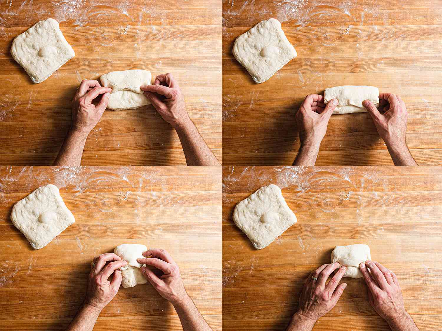 Four image collage of folding the dough like a business letter