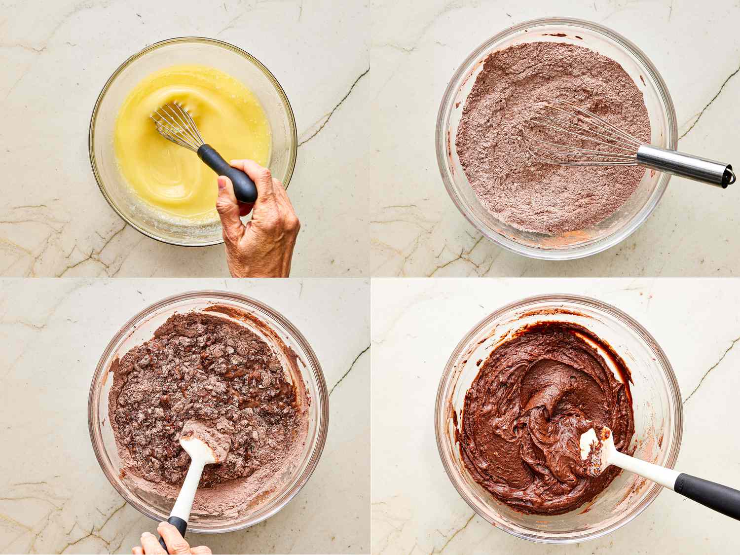 Four image collage of mixing dough in bowl