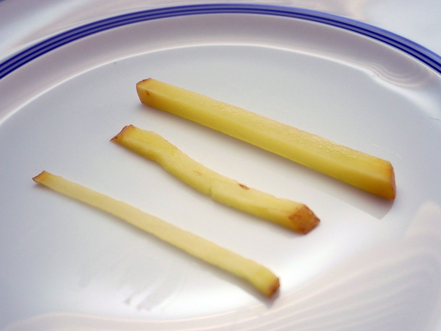 three different fries: one that's too thin, one that is ragged, and one that is perfect.