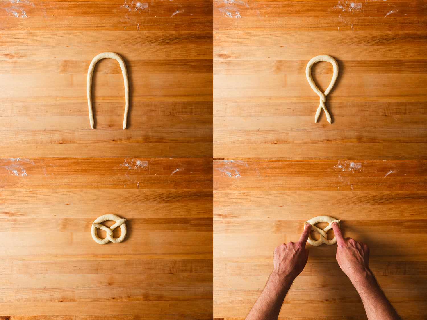 Four image collage of forming pretzel