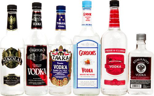 Six assorted vodka bottles against a white background.