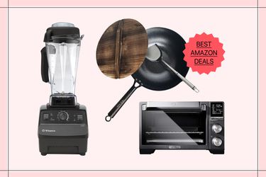 pink background with silhouettes of blender, wok, and air fryer oven