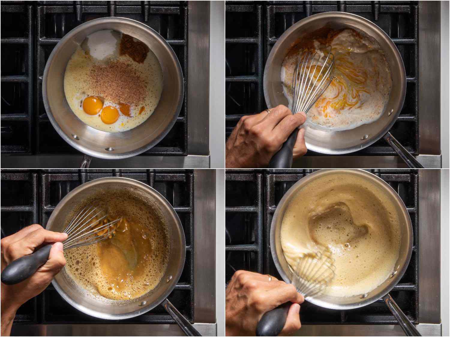 蛋黄、糖、牛奶、肉桂、生姜和肉豆蔻在酱汁中搅拌的拼贴照片
