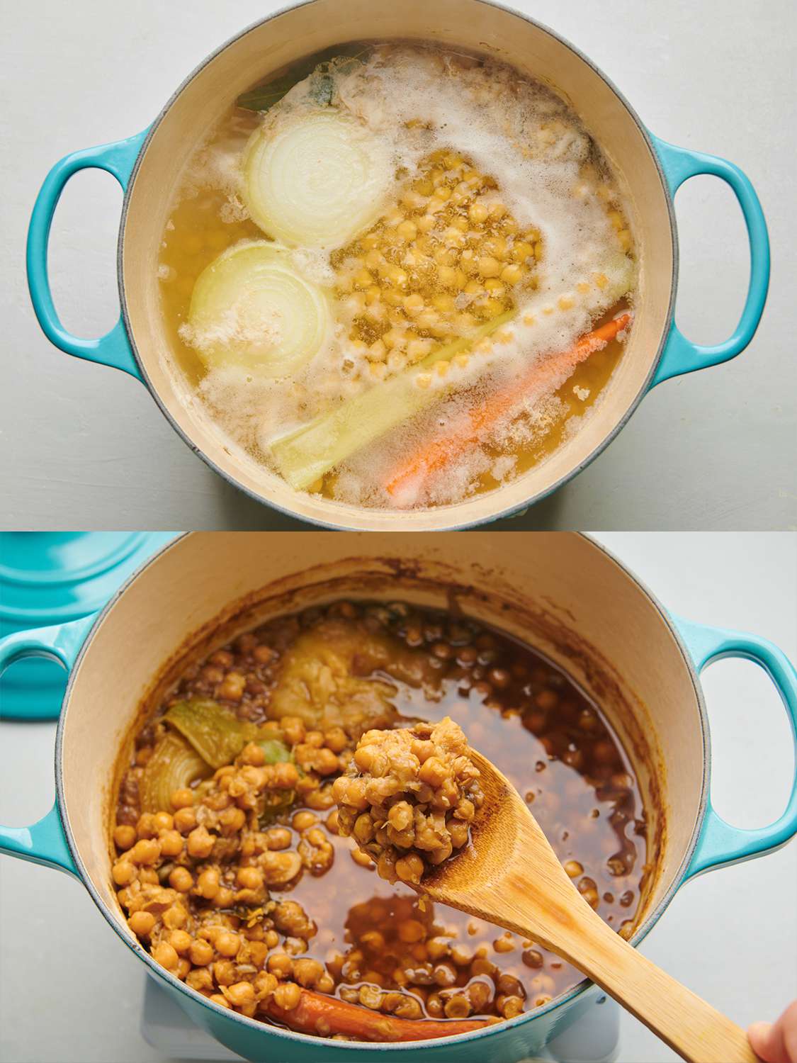 A two-image collage. The top image shows the chickpeas coming to a boil with remaining baking soda, 1 tablespoon of salt, onion, celery, carrot, garlic, bay leaves, and 6 cups of water inside a large Dutch oven over high heat. The bottom image shows a spoonful of cooked beans being lifted out of the Dutch oven with a wooden spoon to demonstrate their color and texture.