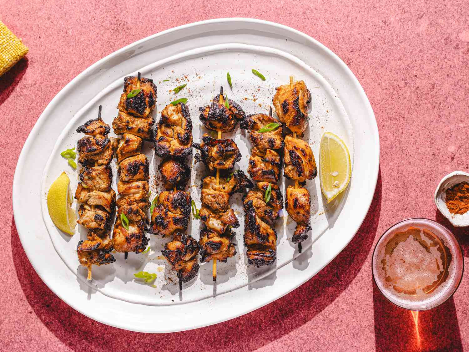 Overhead view of spicy yogurt marinated chicken kebabs