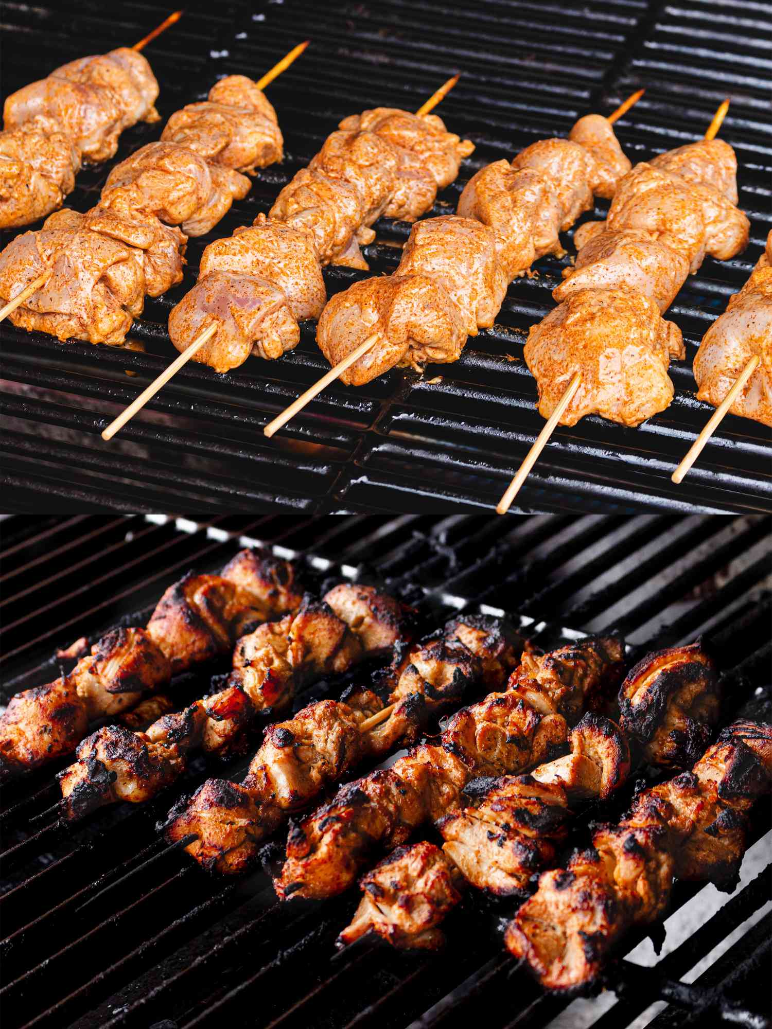 Two image collage of kebabs on the grill, before and after being grilled