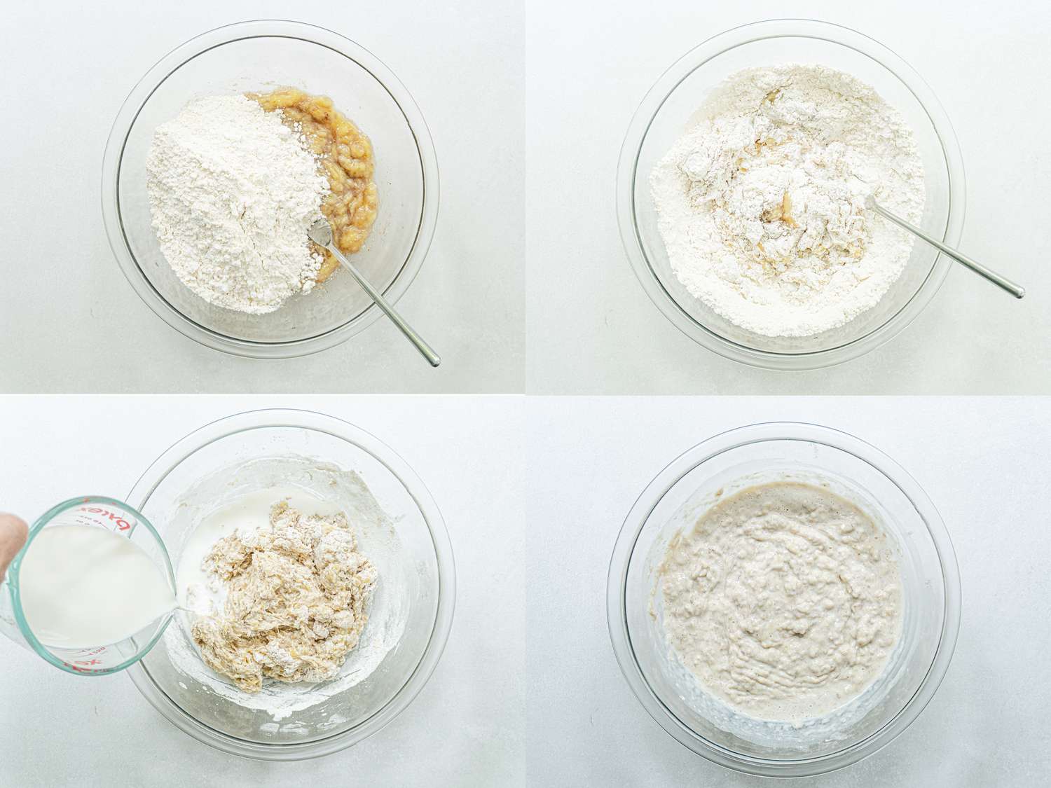 Four image collage of making batter for banana fritters