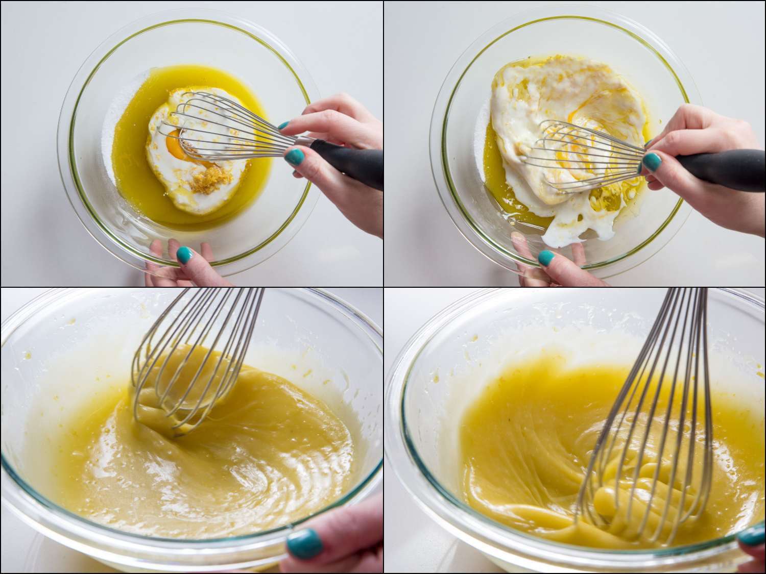 A photo collage of whisking the wet ingredients together: In the top left photo, a whisk is breaking up an egg in the olive oil, butter milk mixture, the top right photo shows the batter is still lumpy, the bottom left photo shows that the batter is smoother and the bottom right photo shows an emulsified batter.