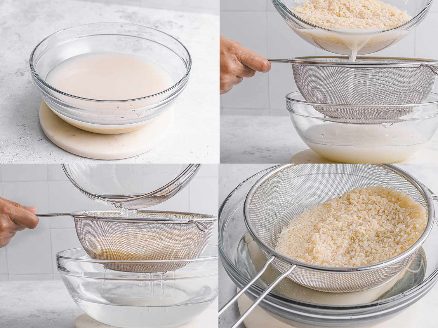 四个图像拼贴。左上:浑浊的水和碗里的米饭。右上:从碗中滤出浑浊的水。左下:清水在过滤器中流过大米。右下:米饭在碗上方的过滤器中