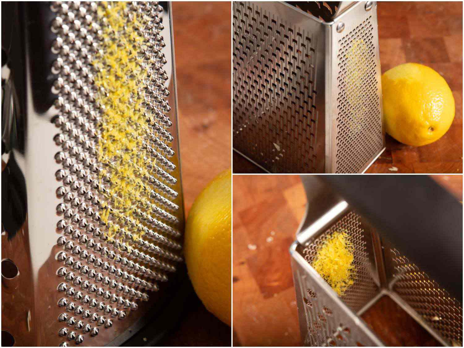 拼贴画:在左边，一个柠檬被切碎在Kitchenaid盒子;在右边/顶部，一个柠檬被Cuisipro盒子磨碎器;左/下:皮屑很好地穿过了里面的洞