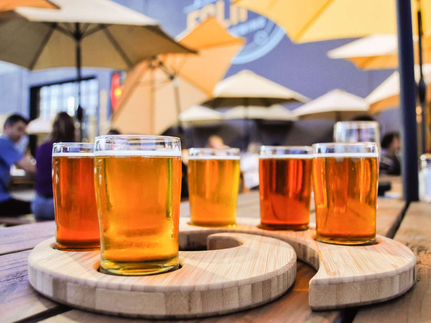 A flight of five small glasses of beers at a tasting.