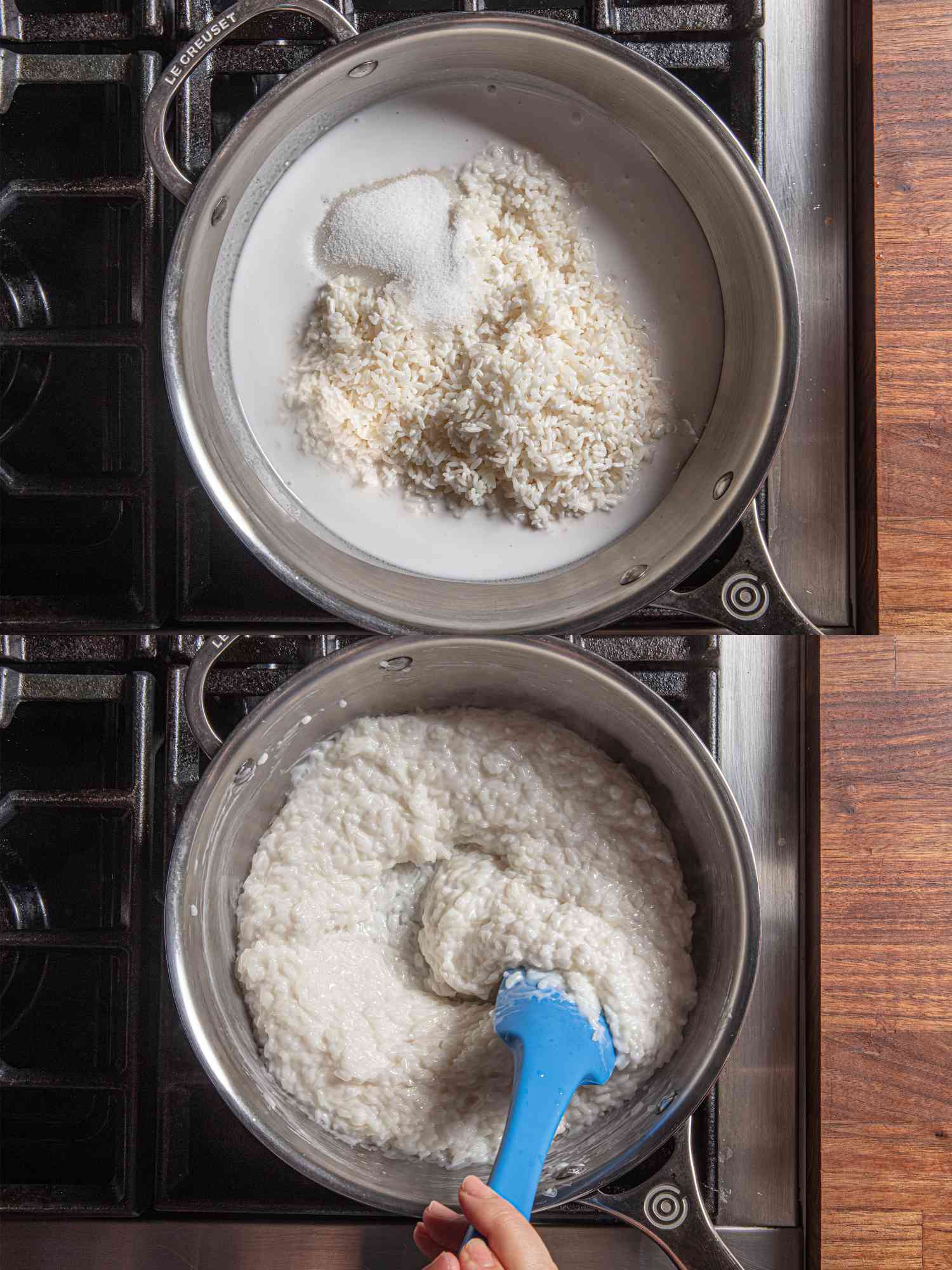 两张图片的拼贴俯视图，在炉子上的椰奶米饭和米饭完全煮熟的粥一样的状态