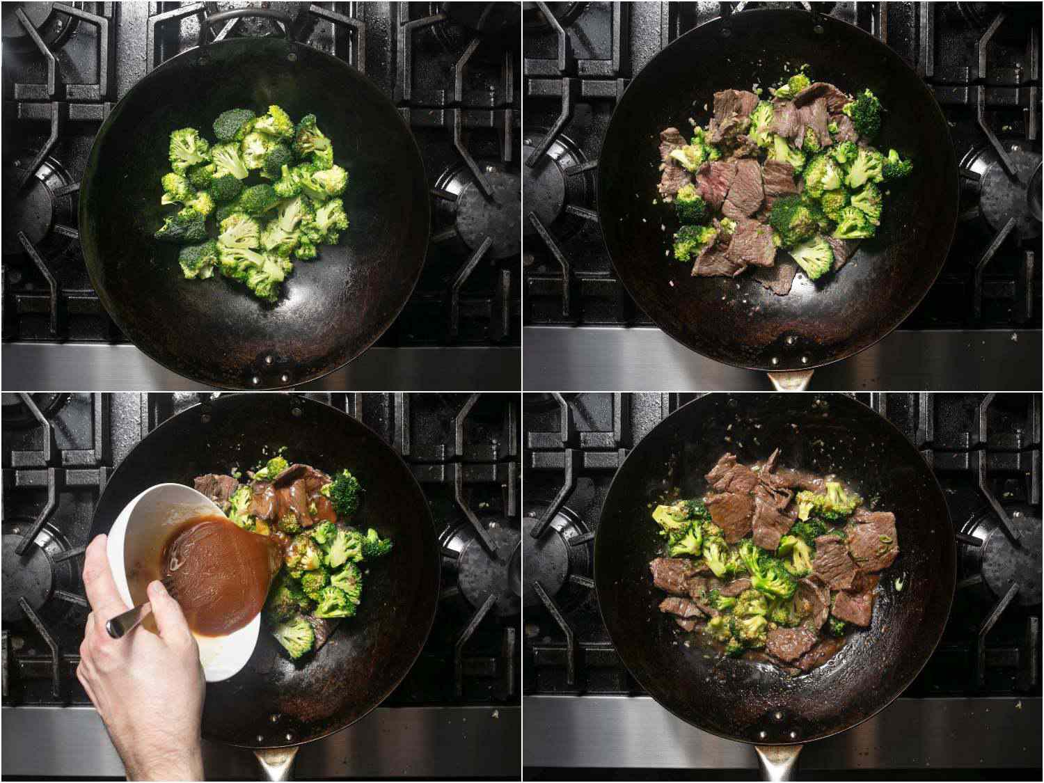 Collage: searing broccoli, adding seared beef, adding sauce, combined ingredients.