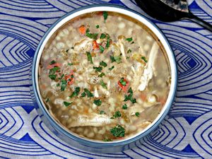 overhead shot of a bowl of slow cooker turkey soup