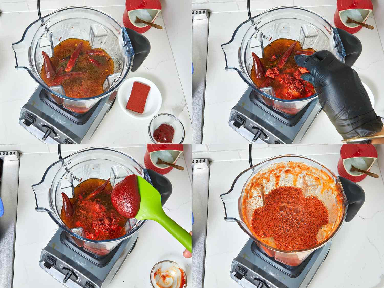 Four image collage of blending stock base, paste, gochujang in a blender until smooth
