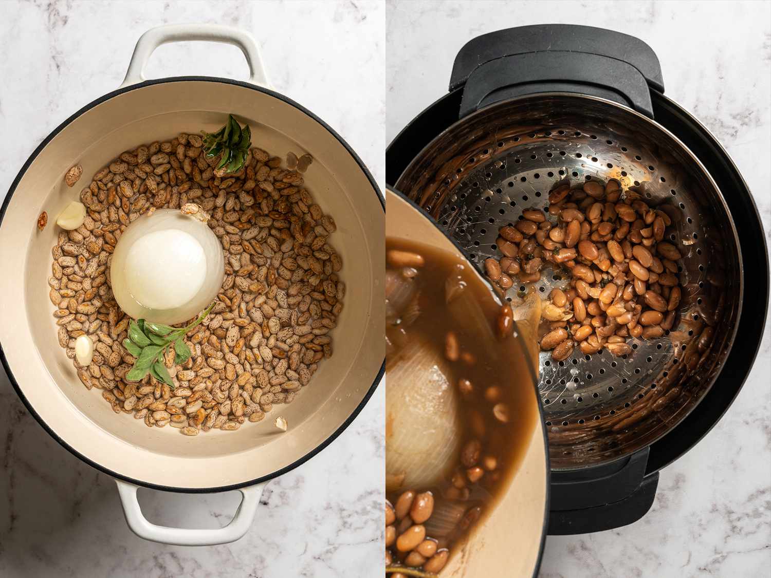 将豆子、洋葱和香草放入一大锅水中，然后沥干水分