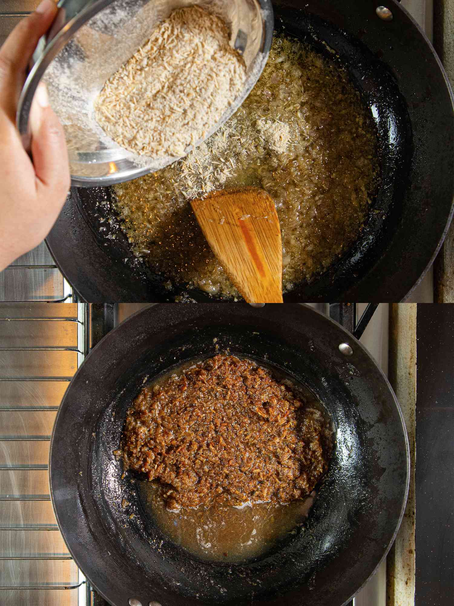 两幅图像的拼贴，分别是在锅中加入icon billis，然后分离油。