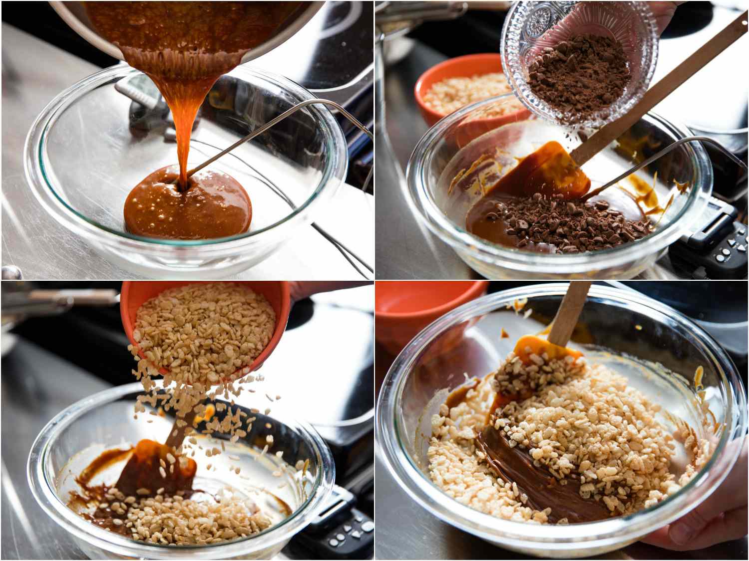 Composite illustrating assembly of cookie: pouring caramel into a glass bowl, folding in chopped milk chocolate and Rice Krispies
