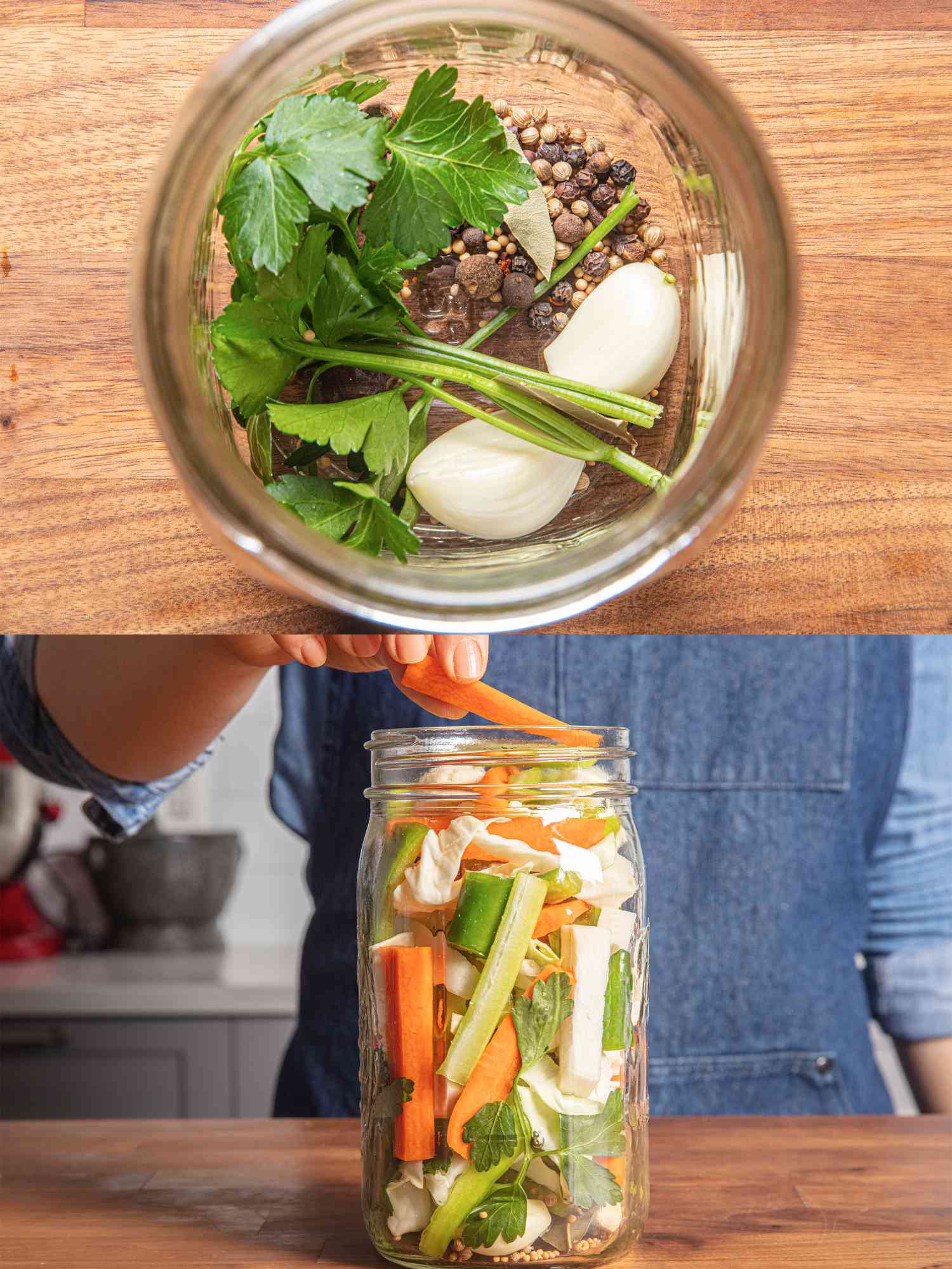 Two image collage of the inside of a jar with pickling spices and a chef adding carrots to jar