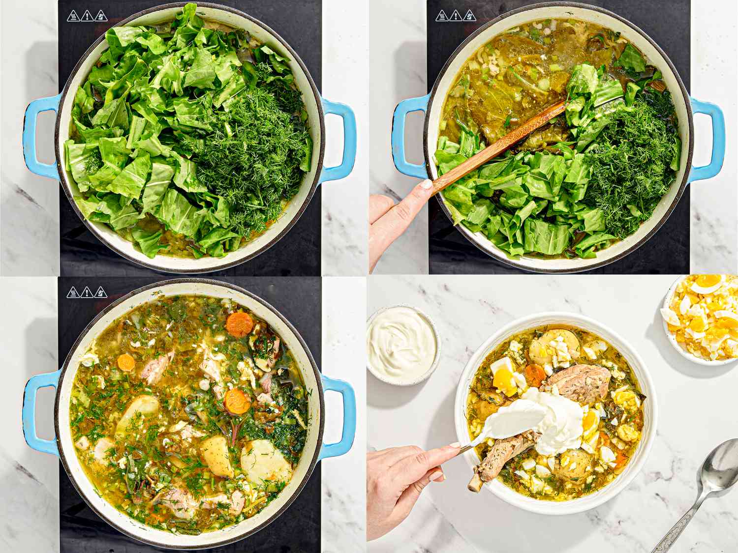 Four image collage of finishing the green borsch