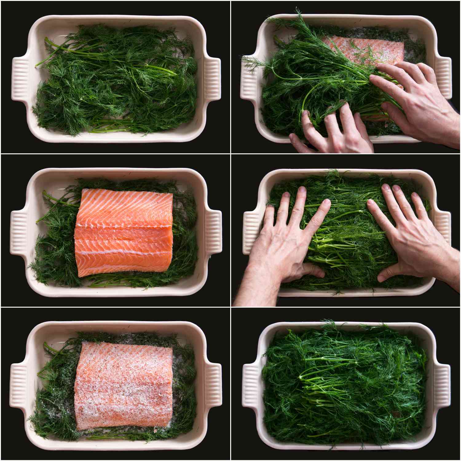 拼贴拼贴:将莳萝、三文鱼、腌制混合物分层，覆盖一层厚厚的莳萝。gydF4y2Ba